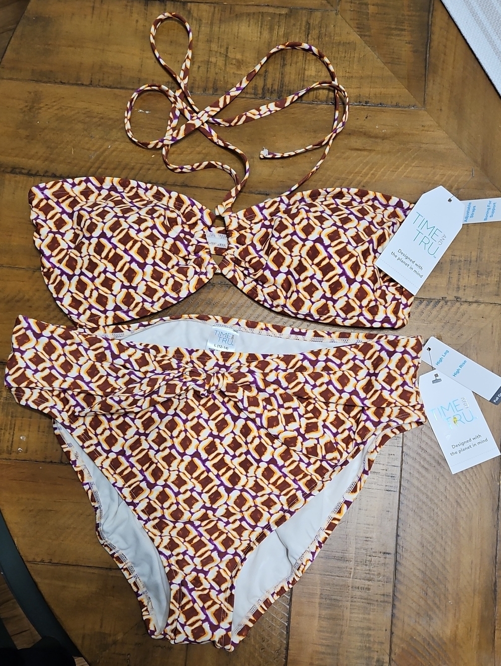 Time and Tru Girls' Purple and Orange Geometric Two-Piece Tankini-Style Bikini